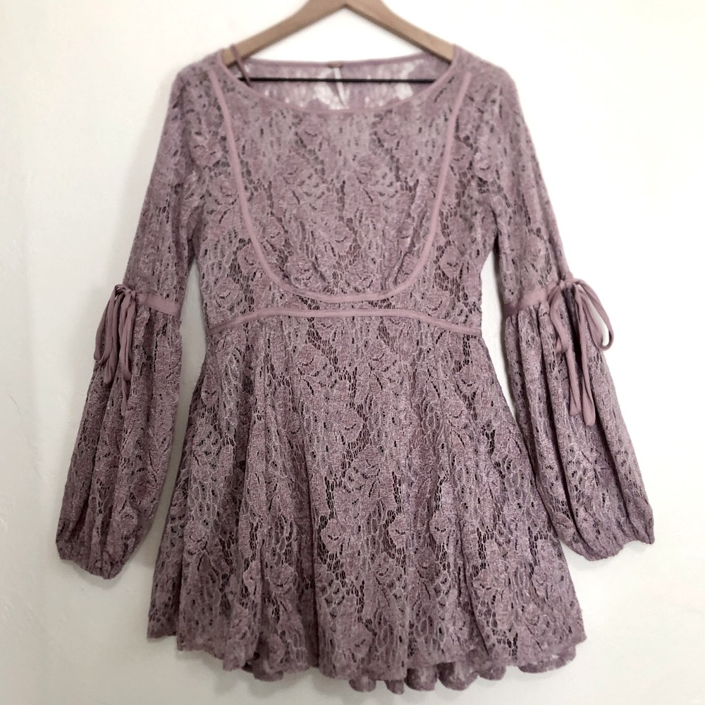 FREE PEOPLE RUBY MAUVE PURPLE VELVET CROCHET LACE MINI LONG TIE SLEEVES DRESS